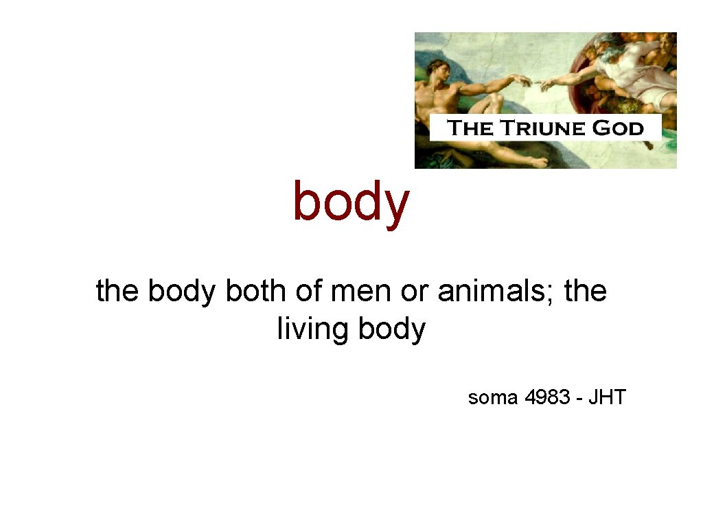 body the body both of men or animals; the living body soma 4983 -