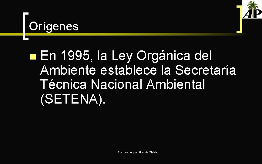 Orígenes n En 1995, la Ley Orgánica del Ambiente establece la Secretaría Técnica Nacional