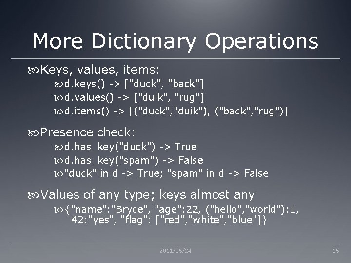 More Dictionary Operations Keys, values, items: d. keys() -> ["duck", "back"] d. values() ->