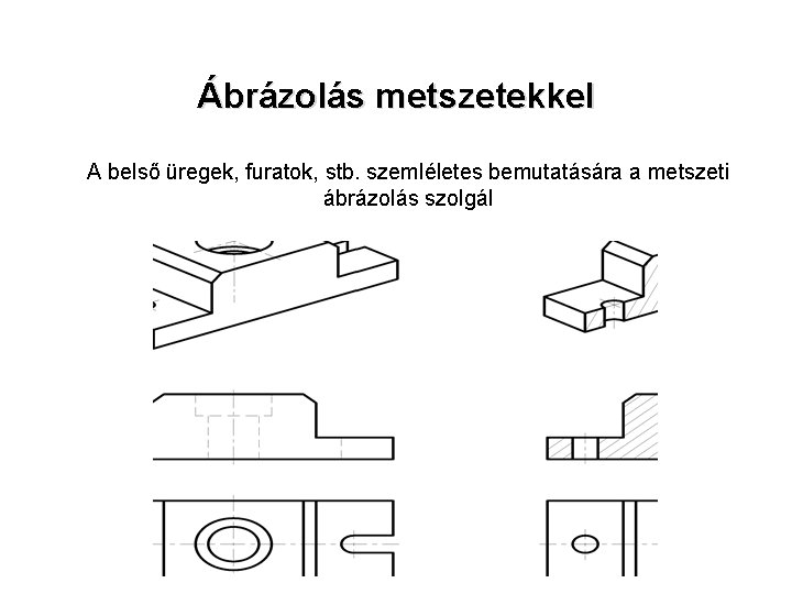 Ábrázolás metszetekkel A belső üregek, furatok, stb. szemléletes bemutatására a metszeti ábrázolás szolgál 