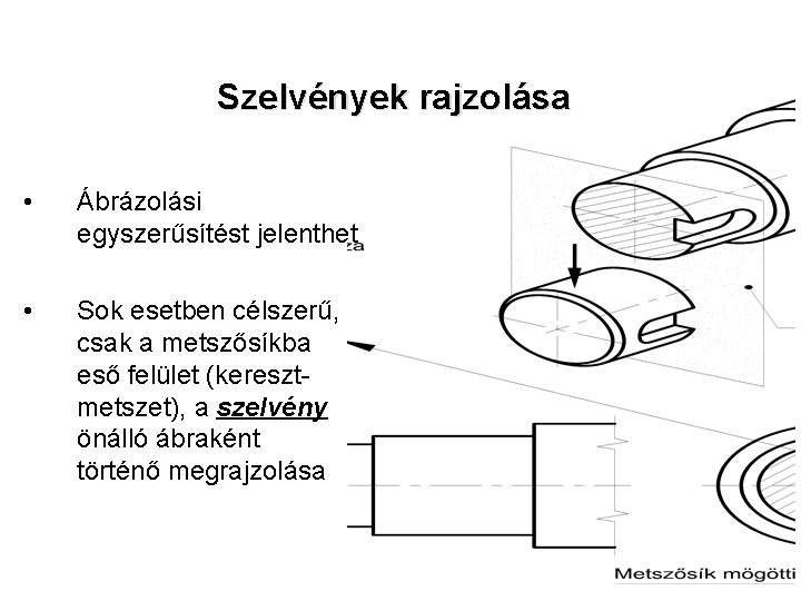 Szelvények rajzolása • Ábrázolási egyszerűsítést jelenthet • Sok esetben célszerű, csak a metszősíkba eső