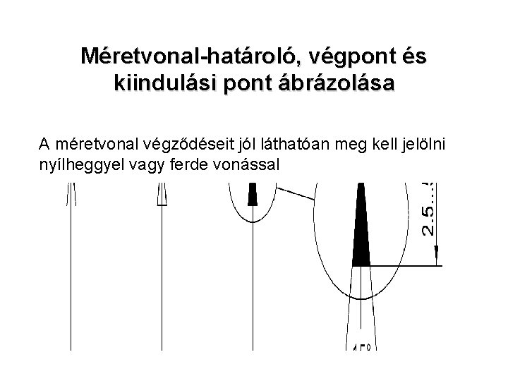 Méretvonal-határoló, végpont és kiindulási pont ábrázolása A méretvonal végződéseit jól láthatóan meg kell jelölni