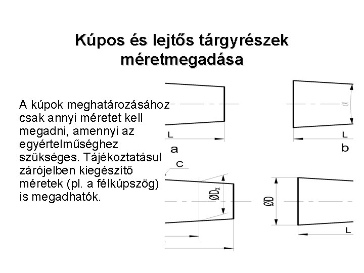 Kúpos és lejtős tárgyrészek méretmegadása A kúpok meghatározásához csak annyi méretet kell megadni, amennyi