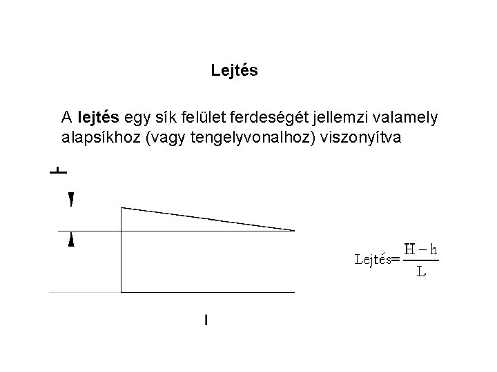 Lejtés A lejtés egy sík felület ferdeségét jellemzi valamely alapsíkhoz (vagy tengelyvonalhoz) viszonyítva 