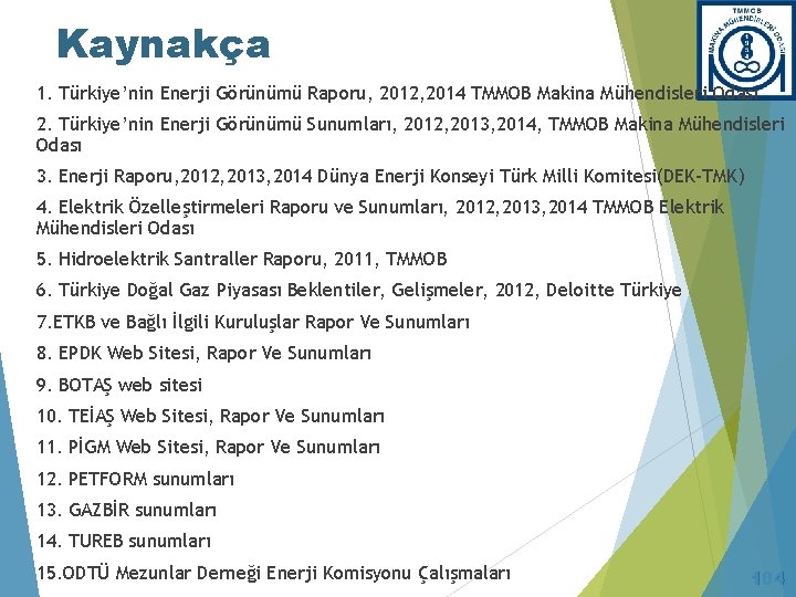 Kaynakça 1. Türkiye’nin Enerji Görünümü Raporu, 2012, 2014 TMMOB Makina Mühendisleri Odası 2. Türkiye’nin