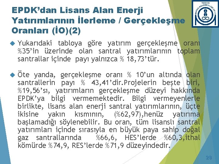 EPDK’dan Lisans Alan Enerji Yatırımlarının İlerleme / Gerçekleşme Oranları (İO)(2) Yukarıdaki tabloya göre yatırım