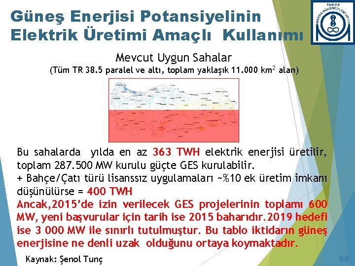Güneş Enerjisi Potansiyelinin Elektrik Üretimi Amaçlı Kullanımı Mevcut Uygun Sahalar (Tüm TR 38. 5