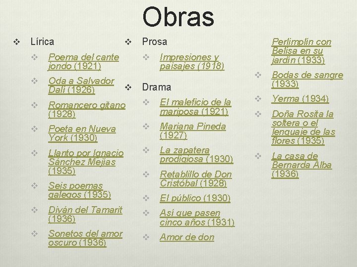 Obras v Lírica v Prosa v Poema del cante jondo (1921) v Oda a Obras v Lírica v Prosa v Poema del cante jondo (1921) v Oda a