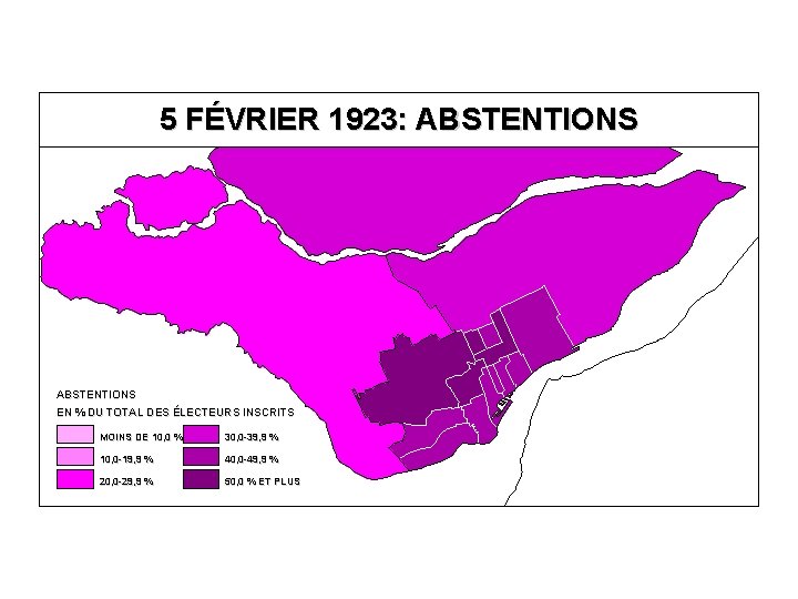 5 FÉVRIER 1923: ABSTENTIONS EN % DU TOTAL DES ÉLECTEURS INSCRITS MOINS DE 10,