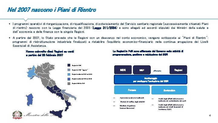 Nel 2007 nascono i Piani di Rientro § I programmi operativi di riorganizzazione, di