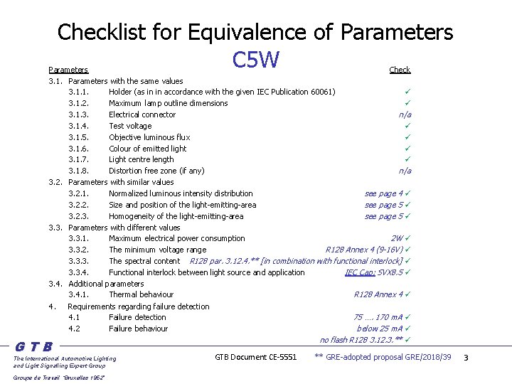 Checklist for Equivalence of Parameters C 5 W Parameters Check 3. 1. Parameters with