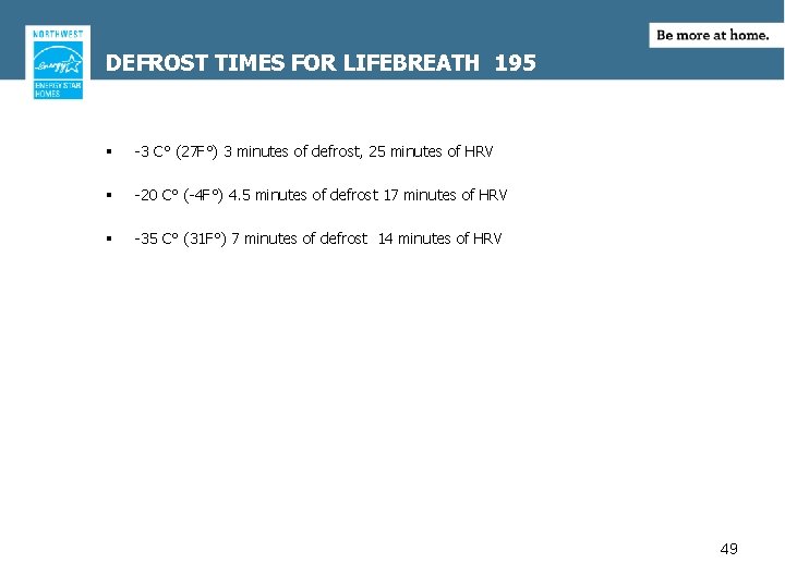 DEFROST TIMES FOR LIFEBREATH 195 § -3 C° (27 F°) 3 minutes of defrost,