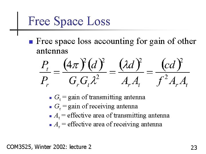 Free Space Loss n Free space loss accounting for gain of other antennas n