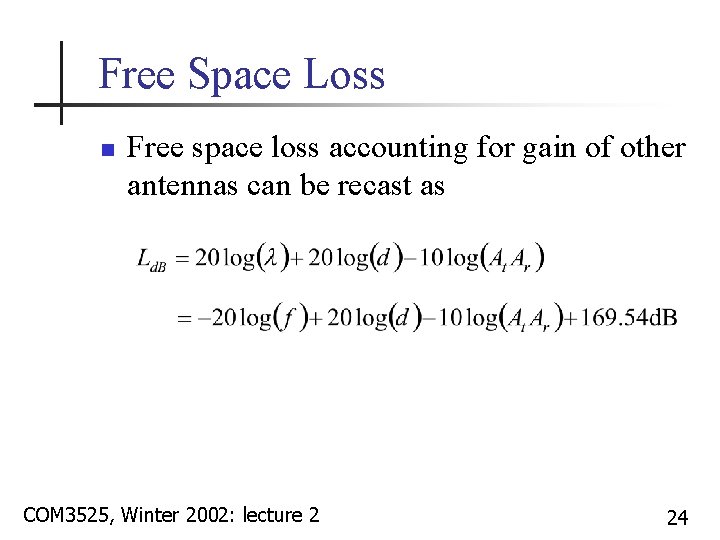 Free Space Loss n Free space loss accounting for gain of other antennas can