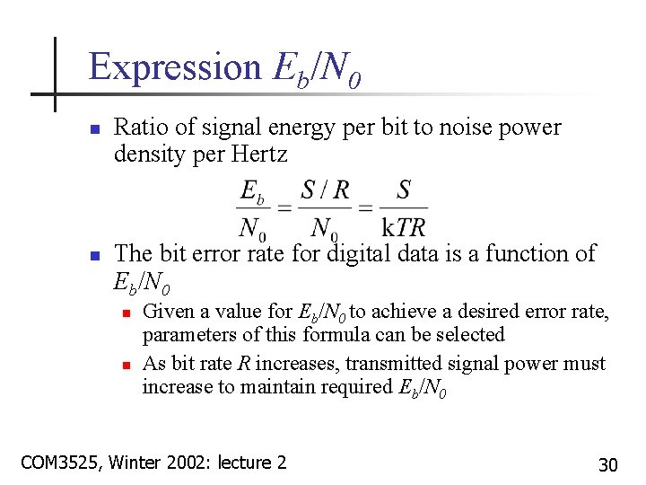 Expression Eb/N 0 n n Ratio of signal energy per bit to noise power
