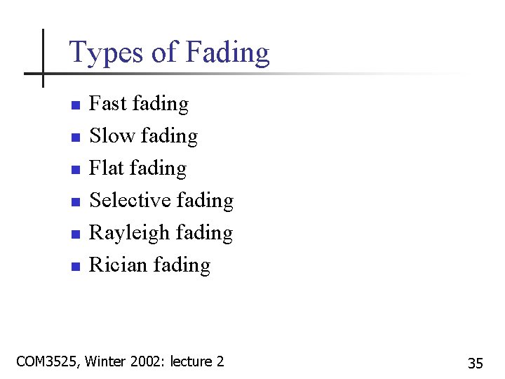 Types of Fading n n n Fast fading Slow fading Flat fading Selective fading