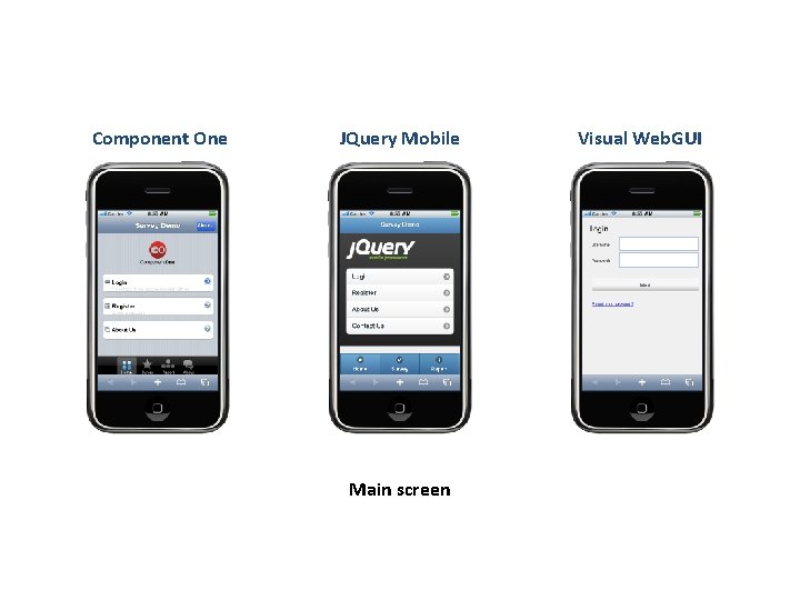 Component One JQuery Mobile Main screen Visual Web. GUI 