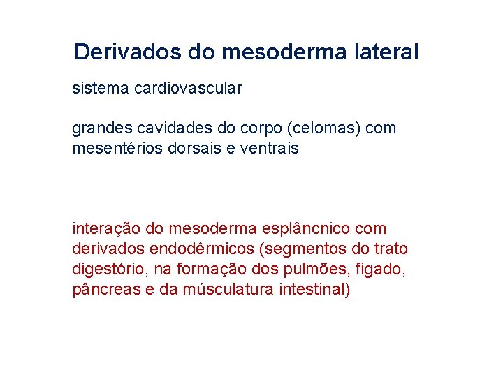 Derivados do mesoderma lateral sistema cardiovascular grandes cavidades do corpo (celomas) com mesentérios dorsais