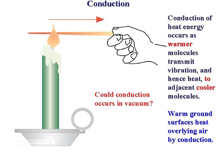 Conduction Could conduction occurs in vacuum? Conduction of heat energy occurs as warmer molecules Conduction Could conduction occurs in vacuum? Conduction of heat energy occurs as warmer molecules