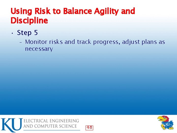 Using Risk to Balance Agility and Discipline • Step 5 – Monitor risks and