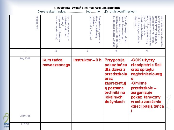 4. Działania. Wskaż plan realizacji usługi(usług) Okres realizacji usług: ………………. . [od …. .