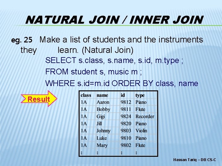 NATURAL JOIN / INNER JOIN eg. 25 Make a list of students and the