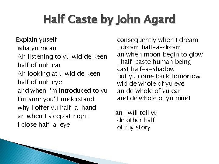 Half Caste by John Agard Explain yuself wha yu mean Ah listening to yu