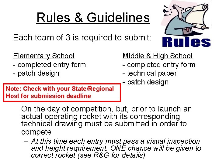 Rules & Guidelines Each team of 3 is required to submit: Elementary School -