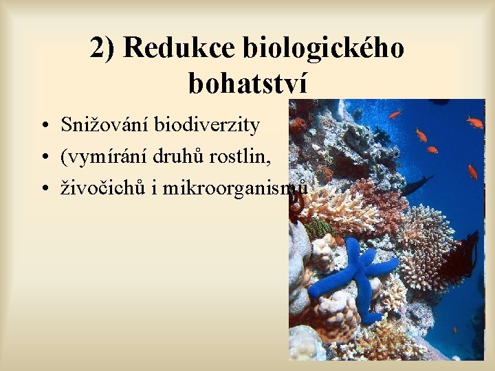 2) Redukce biologického bohatství • Snižování biodiverzity • (vymírání druhů rostlin, • živočichů i