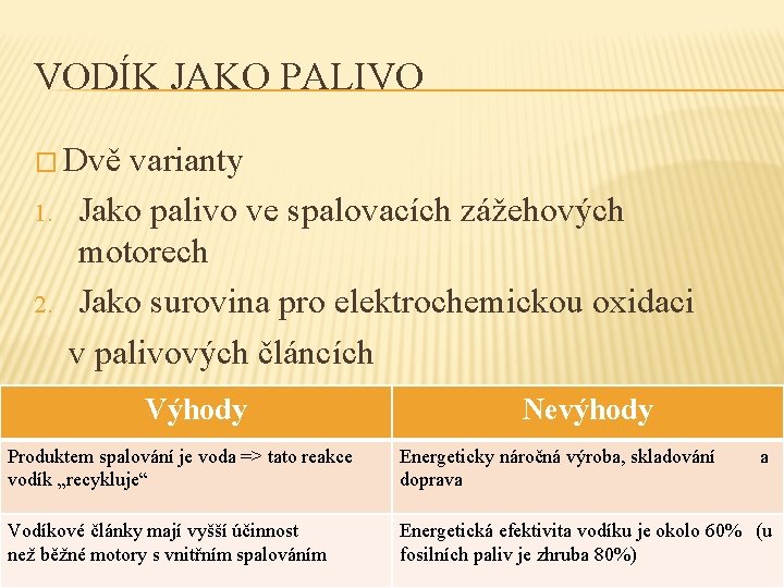 VODÍK JAKO PALIVO � Dvě 1. 2. varianty Jako palivo ve spalovacích zážehových motorech