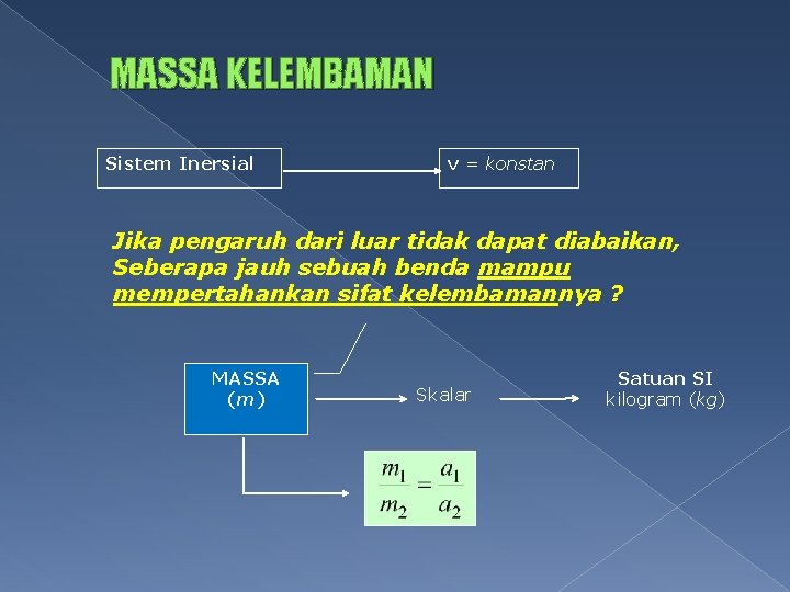 MASSA KELEMBAMAN Sistem Inersial v = konstan Jika pengaruh dari luar tidak dapat diabaikan,