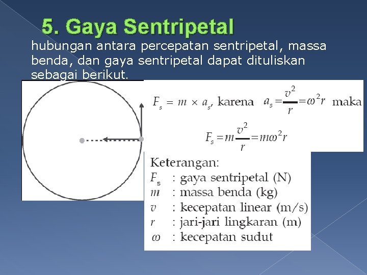 5. Gaya Sentripetal hubungan antara percepatan sentripetal, massa benda, dan gaya sentripetal dapat dituliskan