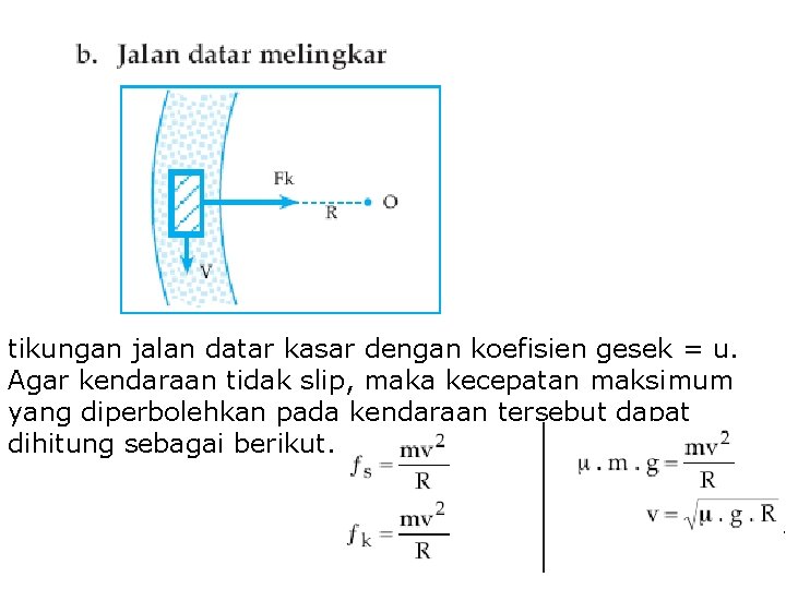 tikungan jalan datar kasar dengan koefisien gesek = u. Agar kendaraan tidak slip, maka