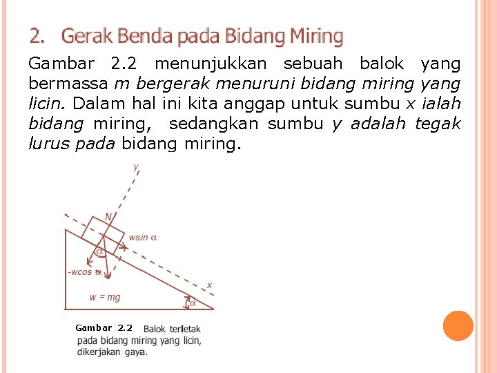 Gambar 2. 2 menunjukkan sebuah balok yang bermassa m bergerak menuruni bidang miring yang