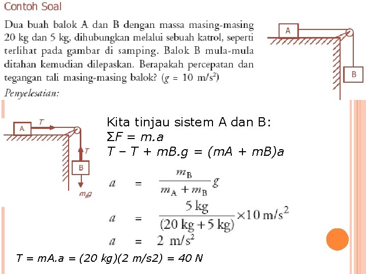 Kita tinjau sistem A dan B: ΣF = m. a T – T +