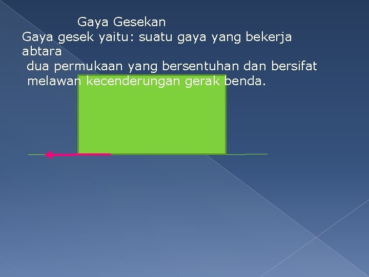 Gaya Gesekan Gaya gesek yaitu: suatu gaya yang bekerja abtara dua permukaan yang bersentuhan