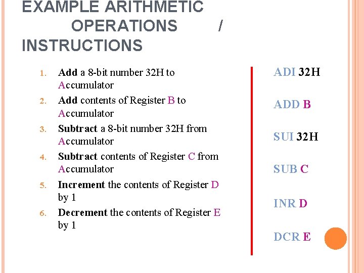 EXAMPLE ARITHMETIC OPERATIONS / INSTRUCTIONS 1. 2. 3. 4. 5. 6. Add a 8