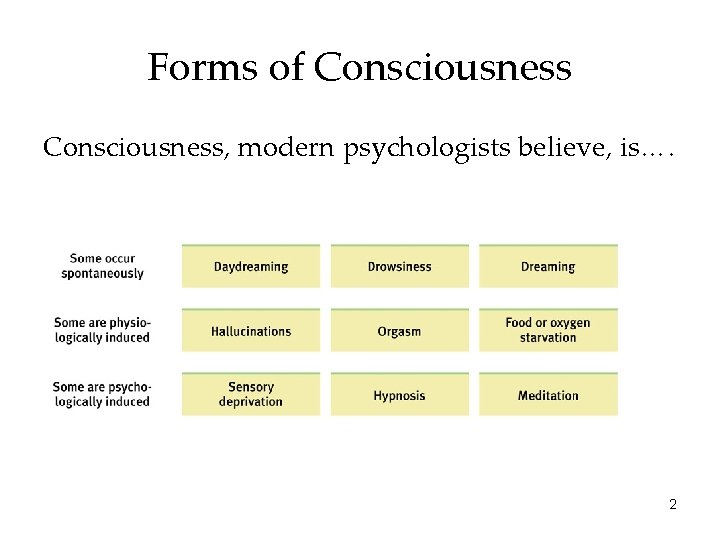 Forms of Consciousness, modern psychologists believe, is…. 2 