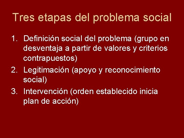 Tres etapas del problema social 1. Definición social del problema (grupo en desventaja a