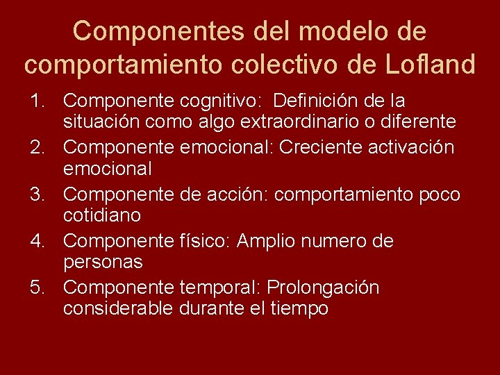 Componentes del modelo de comportamiento colectivo de Lofland 1. Componente cognitivo: Definición de la