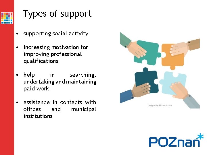 Types of support • supporting social activity • increasing motivation for improving professional qualifications