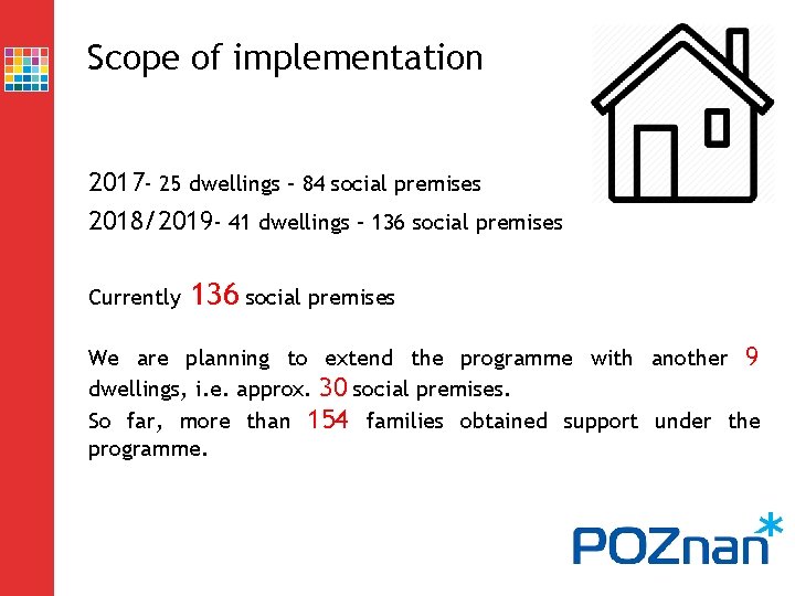 Scope of implementation 2017 - 25 dwellings – 84 social premises 2018/2019 - 41