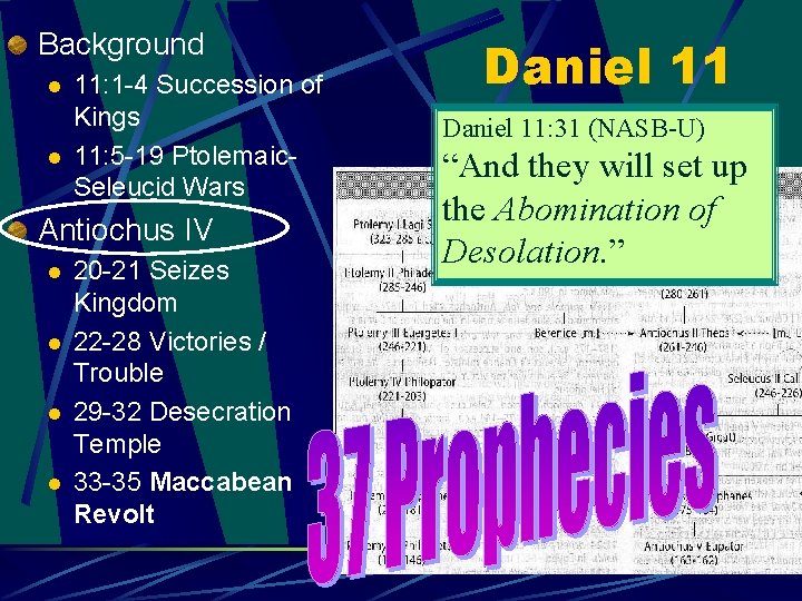 Background l l 11: 1 -4 Succession of Kings 11: 5 -19 Ptolemaic. Seleucid