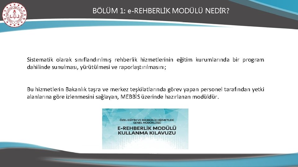 BÖLÜM 1: e-REHBERLİK MODÜLÜ NEDİR? Sistematik olarak sınıflandırılmış rehberlik hizmetlerinin eğitim kurumlarında bir program