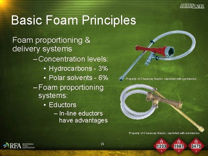 Basic Foam Principles Foam proportioning & delivery systems – Concentration levels: • Hydrocarbons -
