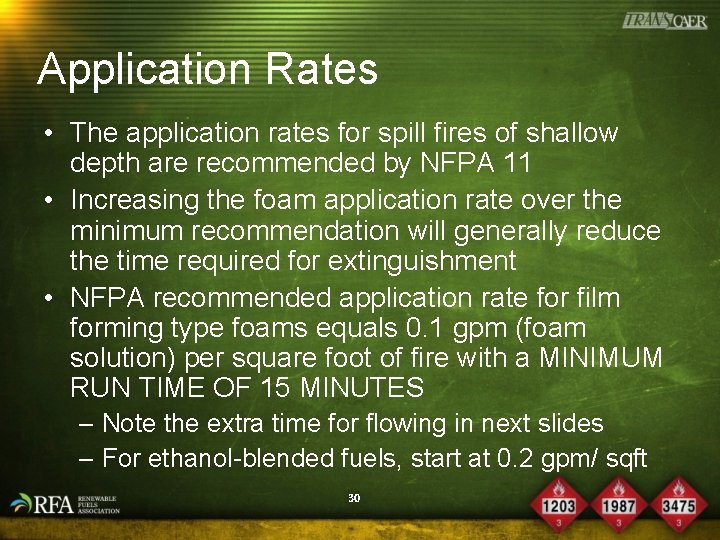 Application Rates • The application rates for spill fires of shallow depth are recommended