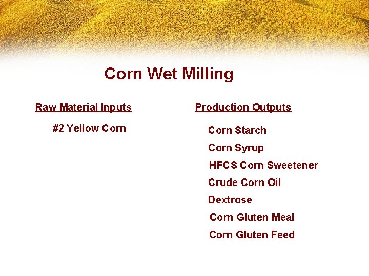 Corn Wet Milling Raw Material Inputs #2 Yellow Corn Production Outputs Corn Starch Corn