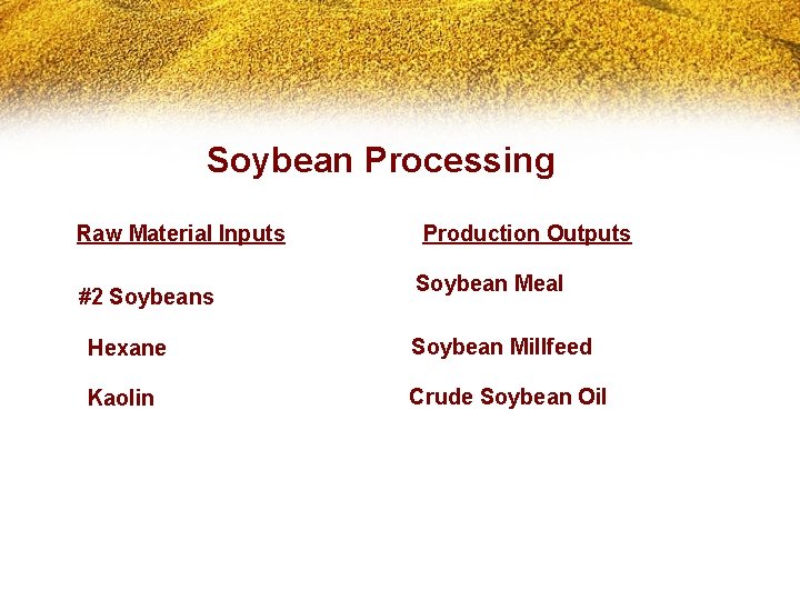 Soybean Processing Raw Material Inputs #2 Soybeans Production Outputs Soybean Meal Hexane Soybean Millfeed