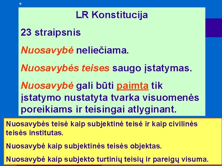 LR Konstitucija 23 straipsnis Nuosavybė neliečiama. Nuosavybės teises saugo įstatymas. Nuosavybė gali būti paimta