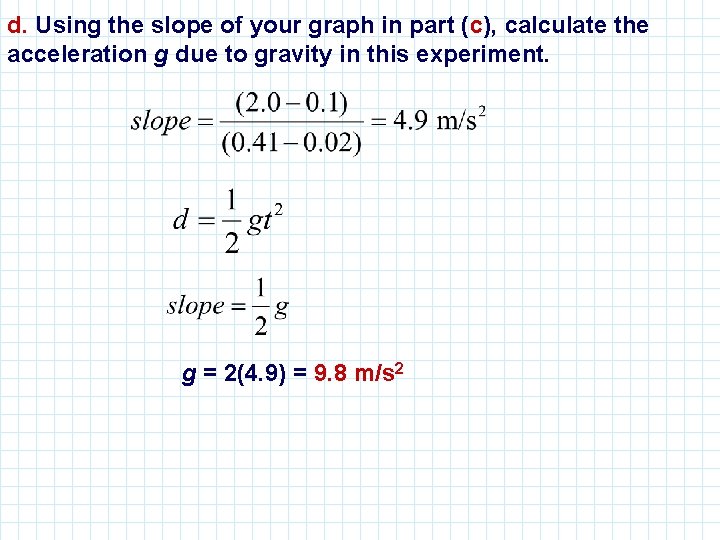 d. Using the slope of your graph in part (c), calculate the acceleration g